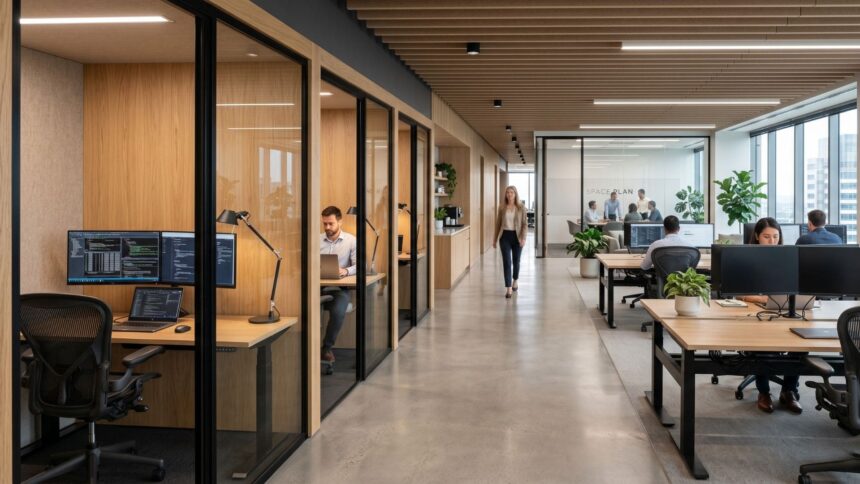 Ambiente corporativo moderno da Space, com estações de trabalho integradas, cabines privativas envidraçadas, iluminação natural abundante, mobiliário em madeira clara e plantas naturais, transmitindo sofisticação, produtividade e bem-estar.