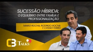 Mario Rocha, Rodrigo Rocha e Cassio Ferro, líderes da Rocontec, participam de conversa mediada por Lucedile Antunes sobre sucessão híbrida, cultura e inovação na construção civil, no programa C3 Talks.