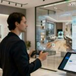Homem interage com ambiente virtual de imóvel usando controle e tela holográfica, representando a integração entre BIM e Realidade Virtual no mercado imobiliário.