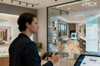 Homem interage com ambiente virtual de imóvel usando controle e tela holográfica, representando a integração entre BIM e Realidade Virtual no mercado imobiliário.