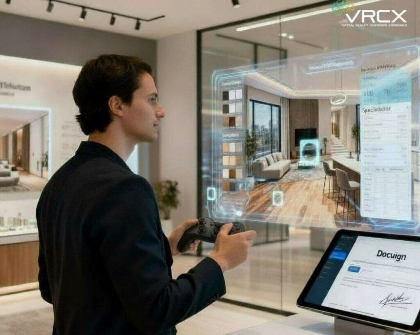 Homem interage com ambiente virtual de imóvel usando controle e tela holográfica, representando a integração entre BIM e Realidade Virtual no mercado imobiliário.