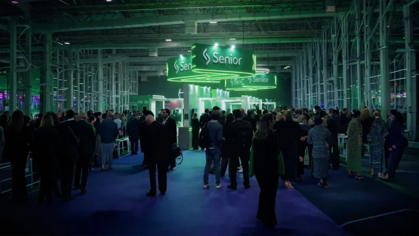 Público circulando e interagindo no Pavilhão C do Transamérica Expo Center durante o Senior Experience 2026, com destaque para o estande iluminado da Senior Sistemas ao fundo.