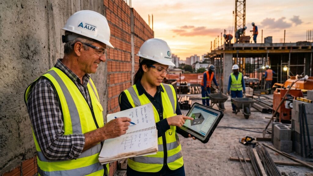 Engenheira e engenheiro civil, ambos com coletes e capacetes, analisam juntos um projeto em tablet e caderno no canteiro de obras ao entardecer, demonstrando integração entre tecnologia e experiência na construção civil. Imagem Ilustrativa criada pela Equipe C3.