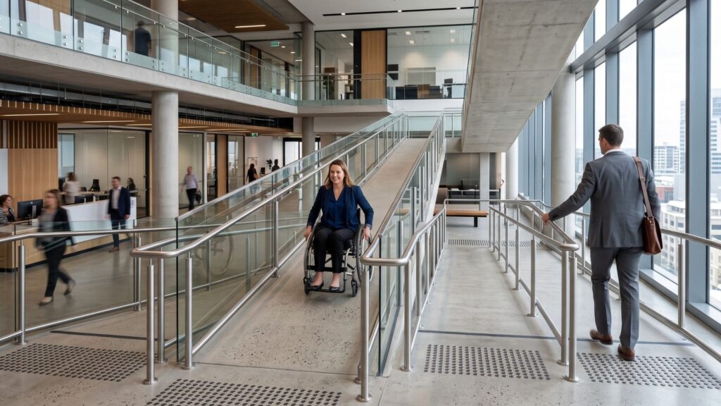 Rampa de acesso interna em edifício corporativo moderno, com corrimãos duplos e piso antiderrapante, utilizada por uma mulher em cadeira de rodas e um homem de terno, demonstrando acessibilidade e inclusão no ambiente de trabalho.