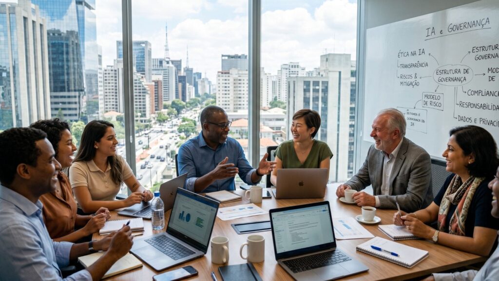 Equipe diversa de profissionais discute governança em IA em sala de reunião moderna, com laptops e quadro branco ao fundo, em ambiente corporativo com vista para a cidade.