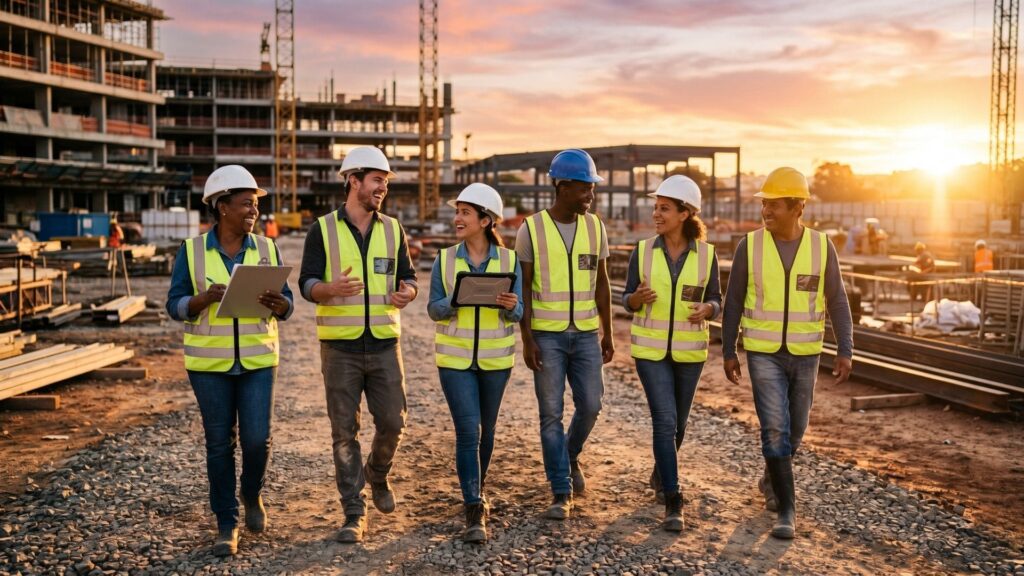 Equipe diversa de engenheiros e engenheiras caminhando e sorrindo em um canteiro de obras ao pôr do sol, usando capacetes e coletes refletivos, demonstrando colaboração e integração no setor da construção civil.