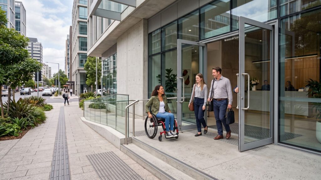 Entrada acessível de edifício corporativo moderno, com rampa, corrimão e piso tátil, onde uma mulher em cadeira de rodas e dois colegas saem juntos, demonstrando inclusão e acessibilidade no ambiente urbano.