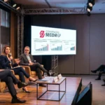 Painel de especialistas discute tendências do mercado imobiliário durante a Convenção Secovi-SP 2026, com público atento e gráficos de crescimento projetados no telão.