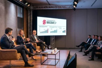 Painel de especialistas discute tendências do mercado imobiliário durante a Convenção Secovi-SP 2026, com público atento e gráficos de crescimento projetados no telão.
