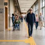 Corredor amplo e moderno de edifício público com piso tátil, pessoas diversas circulando, incluindo uma mulher em cadeira de rodas e um homem com deficiência visual utilizando bengala, demonstrando acessibilidade e inclusão.