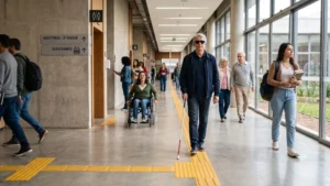 Corredor amplo e moderno de edifício público com piso tátil, pessoas diversas circulando, incluindo uma mulher em cadeira de rodas e um homem com deficiência visual utilizando bengala, demonstrando acessibilidade e inclusão.