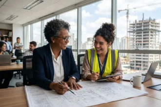 Duas engenheiras, uma mais experiente e outra jovem, analisam plantas de obra e sorriem em um escritório moderno com vista para um canteiro de construção civil ao fundo.