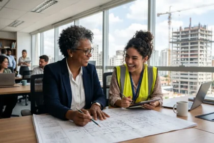 Duas engenheiras, uma mais experiente e outra jovem, analisam plantas de obra e sorriem em um escritório moderno com vista para um canteiro de construção civil ao fundo.