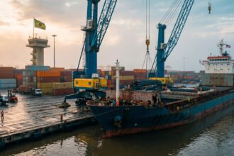 Navio cargueiro carregado de aço sendo descarregado por guindastes em porto brasileiro, com bandeira do Brasil ao fundo ao amanhecer