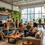 Ambiente corporativo moderno com colaboradores interagindo em um espaço de convivência, café e áreas de lazer, cercado por plantas e grandes janelas com vista para a cidade.