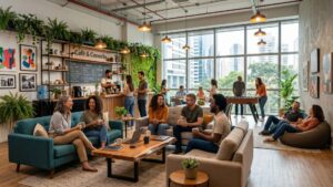 Ambiente corporativo moderno com colaboradores interagindo em um espaço de convivência, café e áreas de lazer, cercado por plantas e grandes janelas com vista para a cidade.