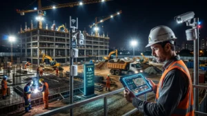 Engenheiro monitora obra noturna com tablet e sistema de inteligência artificial, enquanto trabalhadores atuam no canteiro iluminado, cercados por câmeras e equipamentos de segurança.