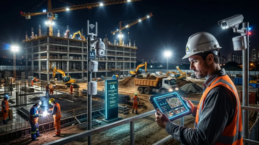 Engenheiro monitora obra noturna com tablet e sistema de inteligência artificial, enquanto trabalhadores atuam no canteiro iluminado, cercados por câmeras e equipamentos de segurança.
