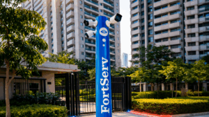 Totem de segurança FortServ com câmeras de vigilância instaladas na entrada de um condomínio residencial moderno, cercado por prédios altos e áreas verdes.
