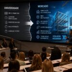 Professor apresenta para alunos universitários um painel comparativo entre o ensino tradicional das universidades e as demandas tecnológicas do mercado da construção civil, destacando a desconexão entre formação acadêmica e evolução industrial do setor.