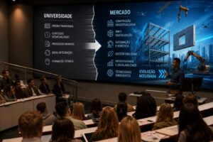 Professor apresenta para alunos universitários um painel comparativo entre o ensino tradicional das universidades e as demandas tecnológicas do mercado da construção civil, destacando a desconexão entre formação acadêmica e evolução industrial do setor.