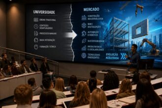 Professor apresenta para alunos universitários um painel comparativo entre o ensino tradicional das universidades e as demandas tecnológicas do mercado da construção civil, destacando a desconexão entre formação acadêmica e evolução industrial do setor.