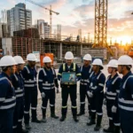 Equipe de trabalhadores da construção civil, uniformizados e com capacetes, reunidos em círculo no canteiro de obras ao pôr do sol, assistindo a um treinamento em tablet.