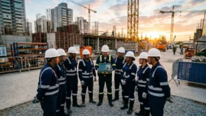 Equipe de trabalhadores da construção civil, uniformizados e com capacetes, reunidos em círculo no canteiro de obras ao pôr do sol, assistindo a um treinamento em tablet.
