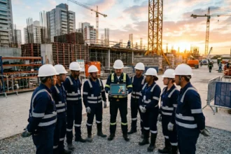 Equipe de trabalhadores da construção civil, uniformizados e com capacetes, reunidos em círculo no canteiro de obras ao pôr do sol, assistindo a um treinamento em tablet.