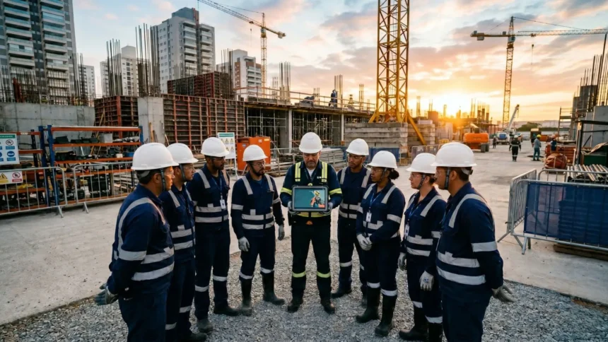 Equipe de trabalhadores da construção civil, uniformizados e com capacetes, reunidos em círculo no canteiro de obras ao pôr do sol, assistindo a um treinamento em tablet.