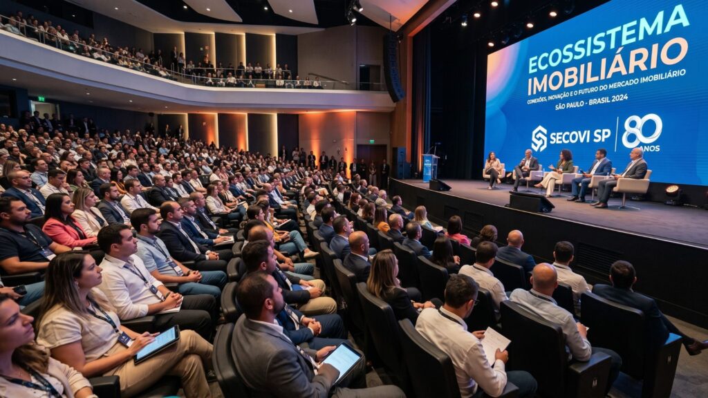 Auditório moderno e lotado durante o evento da Convenção Secovi-SP, com centenas de profissionais do setor imobiliário sentados e atentos a um painel de debates no palco. No palco, cinco painelistas participam de uma discussão sobre o ecossistema imobiliário, com um grande telão ao fundo exibindo o tema do evento e logotipos do Secovi-SP e dos 80 anos da entidade.