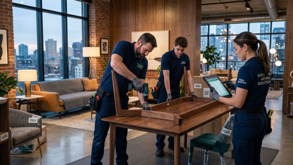 Equipe de montagem e logística desmonta e organiza móveis em um apartamento decorado, utilizando ferramentas e tablet para controle digital do inventário, com ambiente moderno ao fundo.