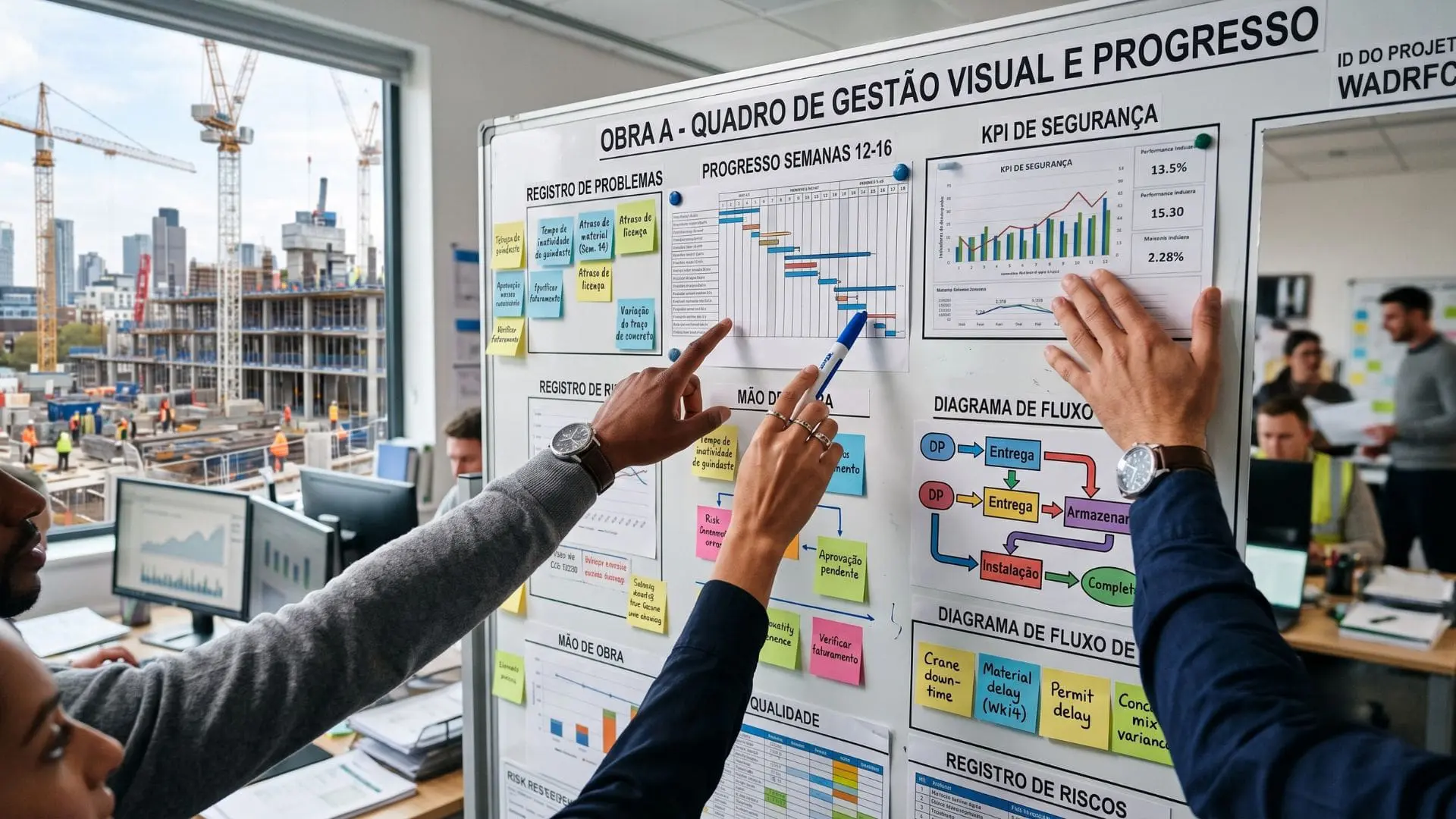 Profissionais de engenharia analisam quadro de gestão visual com indicadores de progresso, fluxos e KPIs de segurança em escritório integrado ao canteiro de obras.