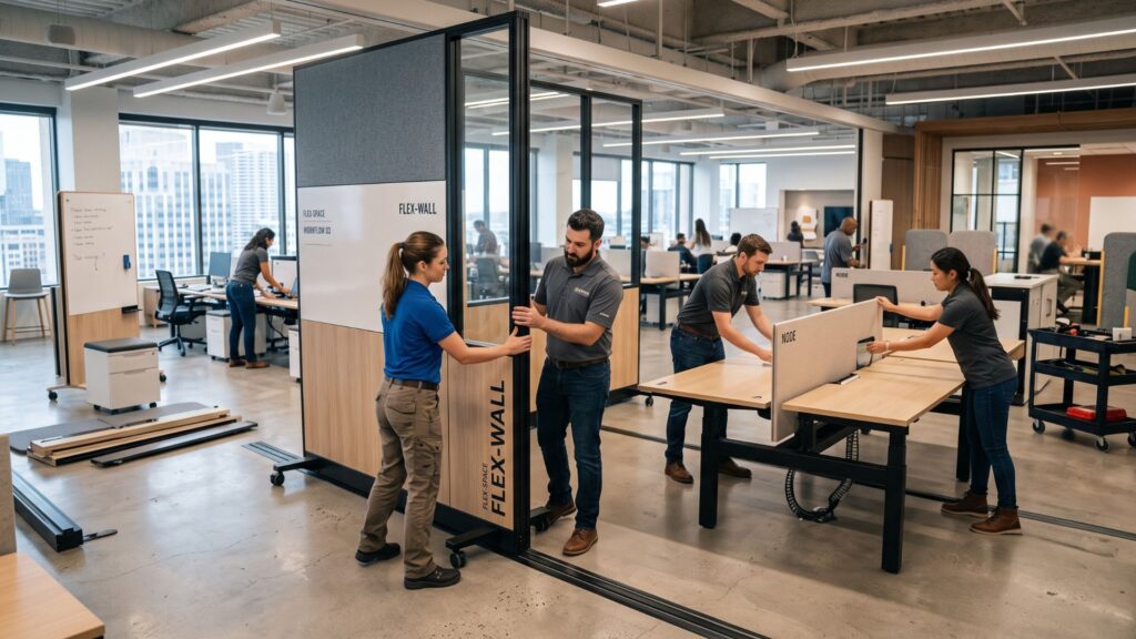 Profissionais organizando e montando divisórias móveis e estações de trabalho em um escritório moderno, destacando a flexibilidade e a adaptabilidade dos ambientes corporativos desenvolvidos pela Space.