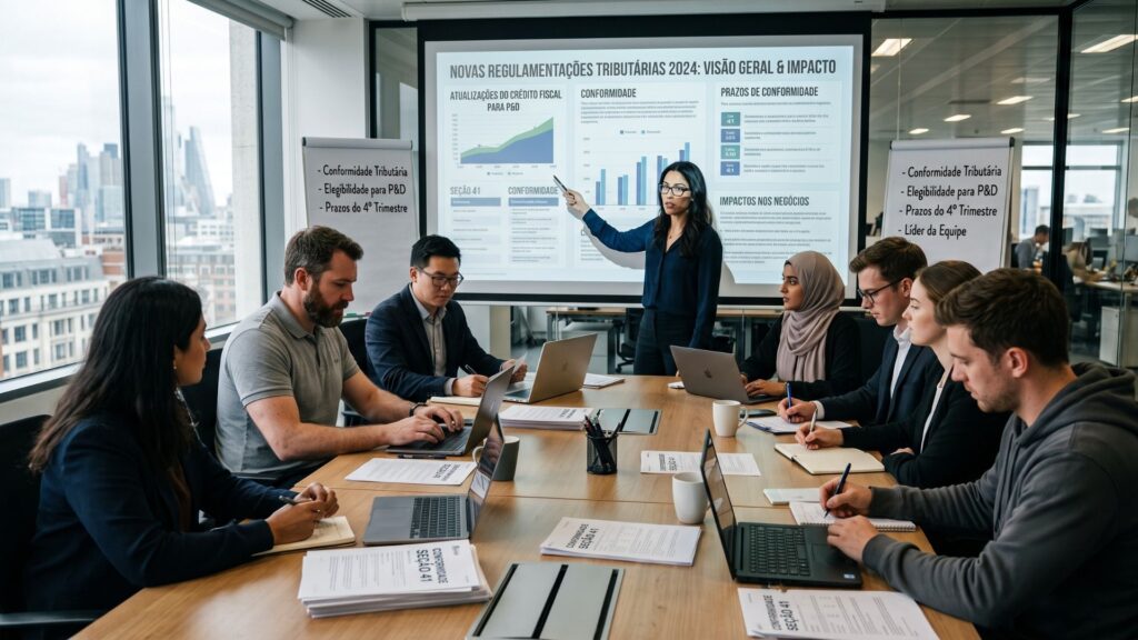 Equipe de profissionais da construção civil em reunião, analisando novas regulamentações tributárias apresentadas em tela digital, com gráficos e informações fiscais, simbolizando a adaptação do setor às mudanças da Reforma Tributária. Imagem Ilustrativa criada pela Equipe C3.