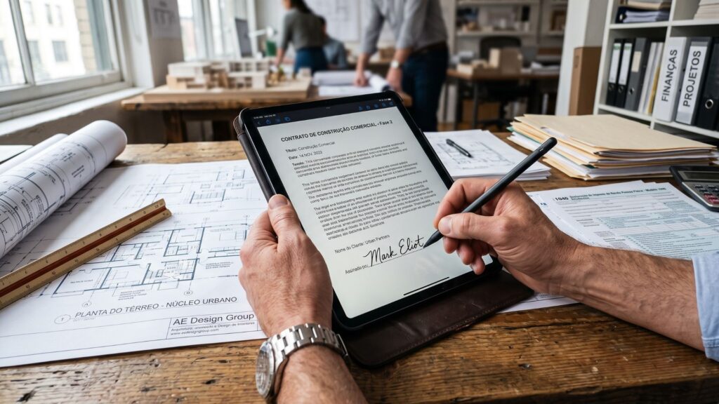Profissional da construção civil assinando contrato digital em tablet sobre mesa com plantas arquitetônicas e documentos fiscais, representando a digitalização e modernização dos processos no setor. Imagem Ilustrativa criada pela Equipe C3.