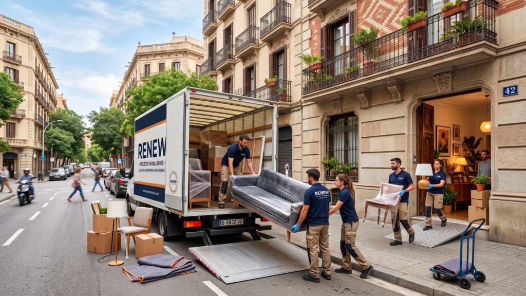 Equipe de logística descarrega e transporta móveis embalados de um caminhão para um edifício residencial em área urbana, ilustrando o processo de reaproveitamento e movimentação de mobiliário de apartamentos decorados.