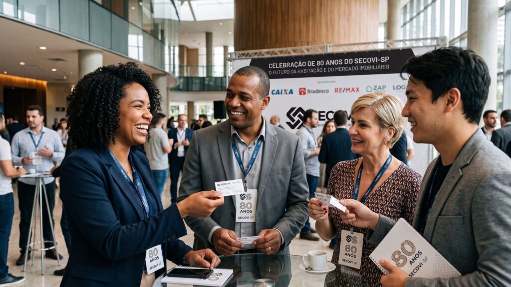 Quatro profissionais do setor imobiliário, dois homens e duas mulheres, de diferentes perfis, sorriem e trocam cartões de visita durante momento de networking em um evento corporativo moderno, com banner ao fundo celebrando os 80 anos do Secovi-SP.