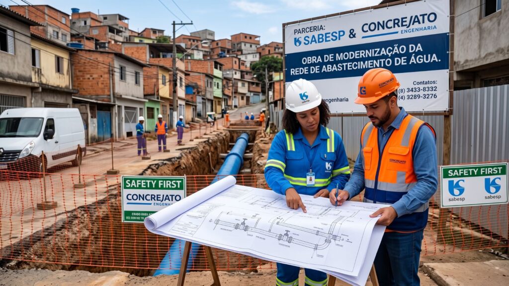 Engenheiros da Concrejato e Sabesp analisam plantas de obra em canteiro de saneamento, com tubulação azul instalada em rua de bairro residencial na Grande São Paulo, destacando sinalização de segurança e placa de parceria.