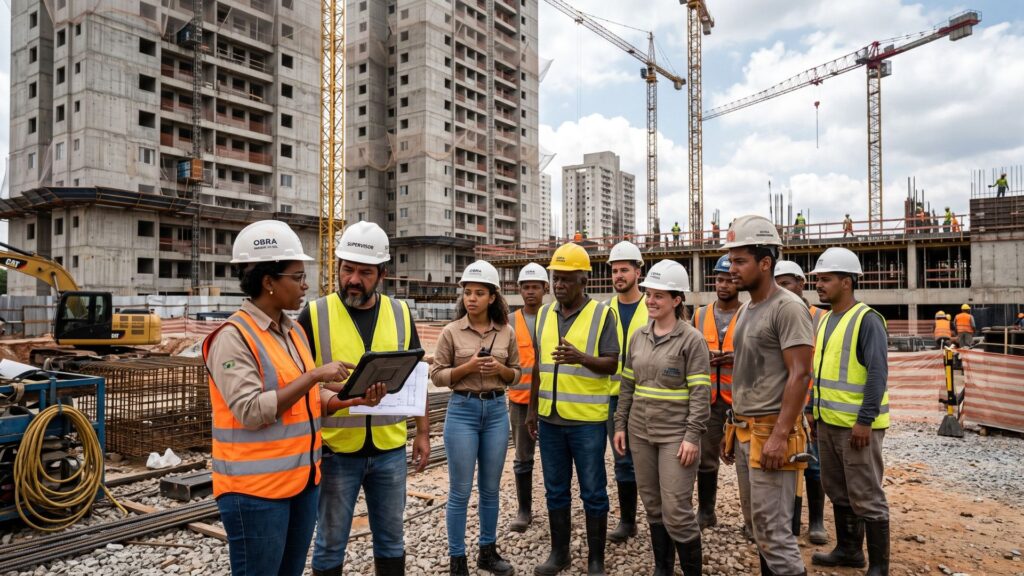 Profissionais da construção civil, incluindo mulheres e homens, reunidos em canteiro de obras, utilizando equipamentos de proteção e tecnologia digital, com prédios em construção ao fundo, simbolizando qualificação, inovação e diversidade no setor.