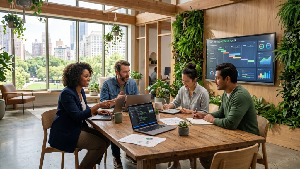 Equipe realiza a montagem de divisórias móveis e estações de trabalho em um escritório projetado pela Space Plan, evidenciando a flexibilidade, a inovação e a capacidade de adaptação dos espaços corporativos. Imagem Ilustrativa criada pela Equipe C3.
