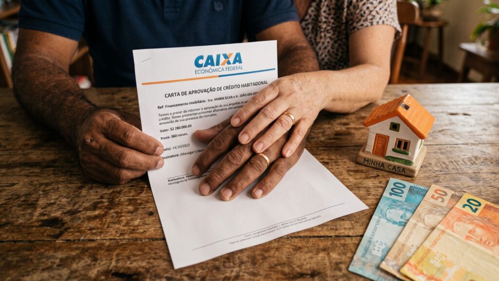 Mãos de casal brasileiro seguram carta de aprovação de crédito habitacional da Caixa Econômica Federal, ao lado de miniatura de casa e notas de real sobre mesa de madeira.