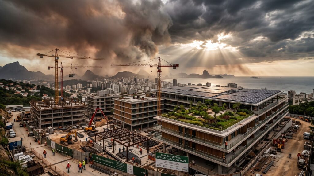 Vista panorâmica de um canteiro de obras sustentável no Brasil, com edifícios em construção equipados com telhados verdes e painéis solares, gruas em operação e céu dramático ao fundo, simbolizando a inovação da construção civil diante dos desafios das mudanças climáticas.