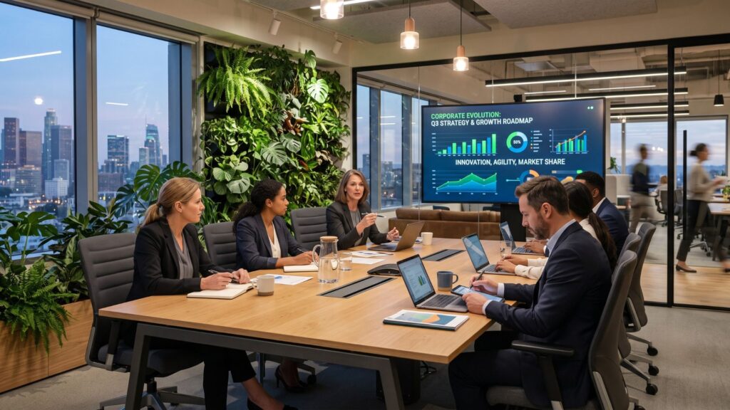 Equipe reunida em sala de reunião moderna, com parede verde, luz natural e tecnologia integrada, representando colaboração e inovação em ambientes corporativos flexíveis da Space.