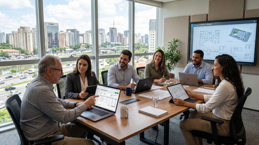 Equipe de engenheiros e gestores da construção civil analisando dados fiscais e cronogramas em laptops e tablets dentro de um escritório de campo, com obras em andamento visíveis ao fundo. Imagem Ilustrativa criada pela Equipe C3.