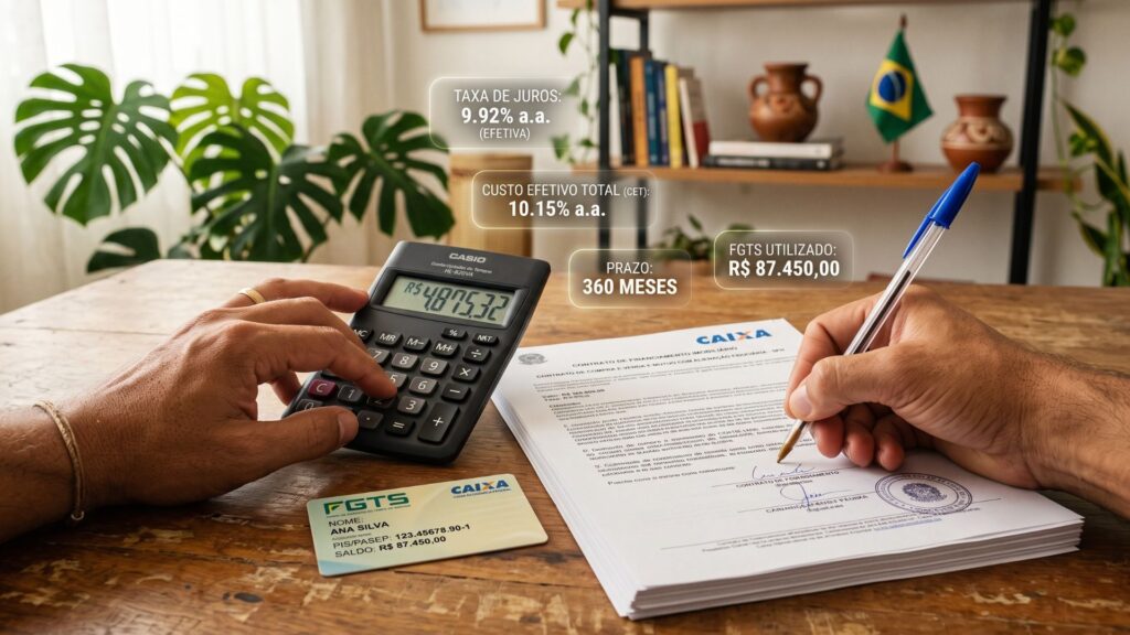 Casal brasileiro de classe média analisa documentos de financiamento imobiliário em casa, com tablet, notas de real e miniatura de casa sobre a mesa.