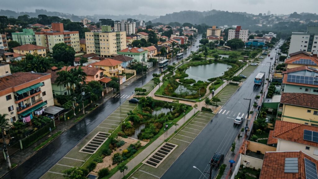 Vista aérea de bairro urbano brasileiro com parque linear, lagoa de retenção, áreas verdes e ruas arborizadas, destacando soluções de drenagem sustentável e planejamento urbano resiliente para enfrentar as mudanças climáticas.