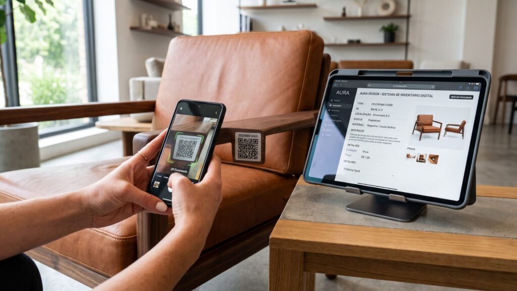 Pessoa utiliza smartphone para escanear QR code em poltrona, enquanto tablet exibe sistema digital de inventário de mobiliário, em ambiente moderno de showroom.