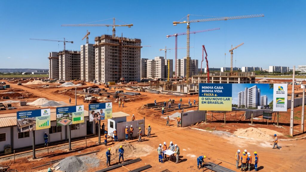 Canteiro de obras de grande porte com edifícios residenciais em construção, gruas, trabalhadores e placas do Minha Casa Minha Vida Faixa 4 em destaque, em Brasília.