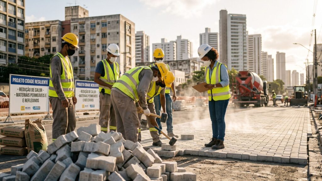 Trabalhadores da construção civil instalam pavimento intertravado com materiais permeáveis em avenida urbana, como parte de projeto de cidade resiliente para redução de calor e aumento da drenagem sustentável.